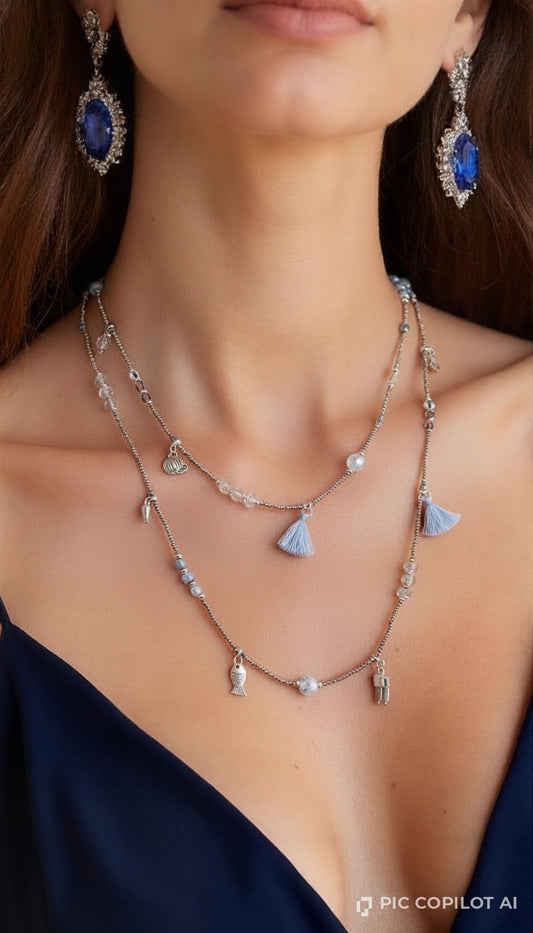 Ocean Charm Double-Layered Silver Necklace with Light Blue Tassels