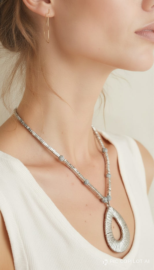 extured Silver Open Oval Pendant Necklace with Grey Jasper Beads