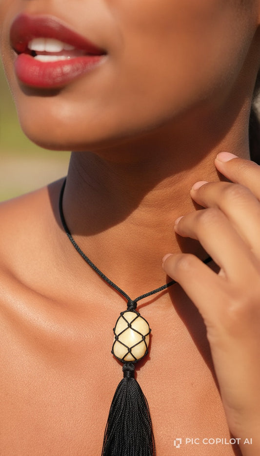 Artisan Handcrafted Macramé Stone Pendant Necklace with Tassel Accent