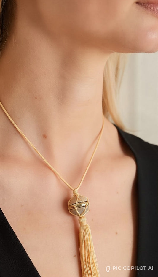 Gold-Tone Textured Pendant Necklace with Champagne Tassel