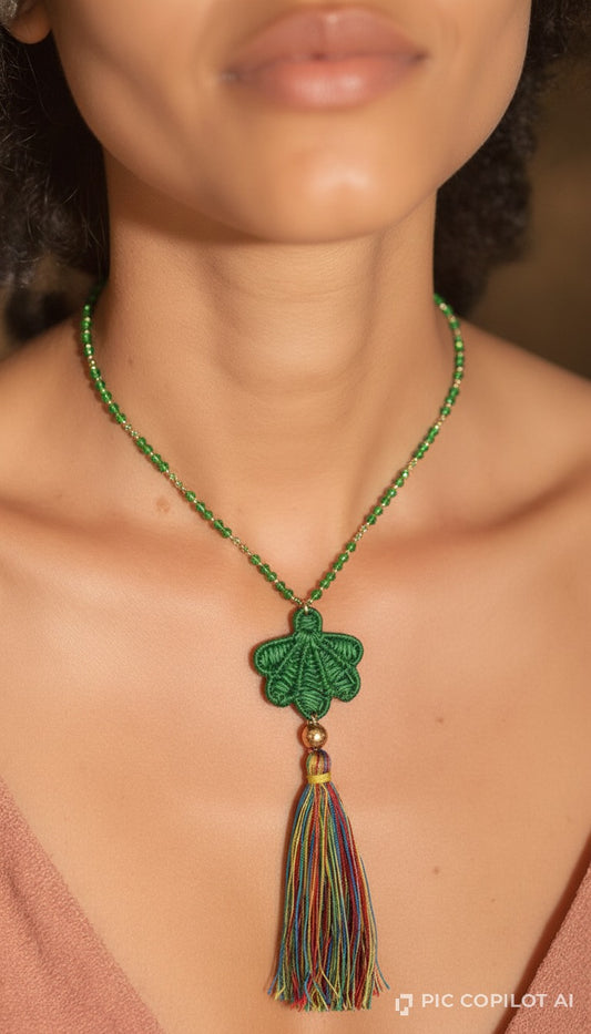 Emerald Green Beaded Leaf Pendant Necklace with Multicolor Tassel