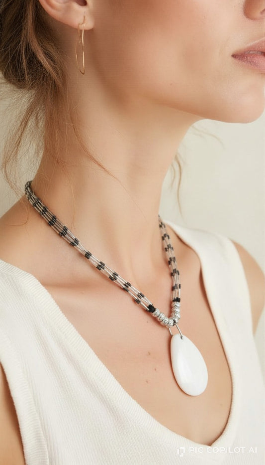 Black & Silver Beaded Necklace with Mother-of-Pearl Pendant