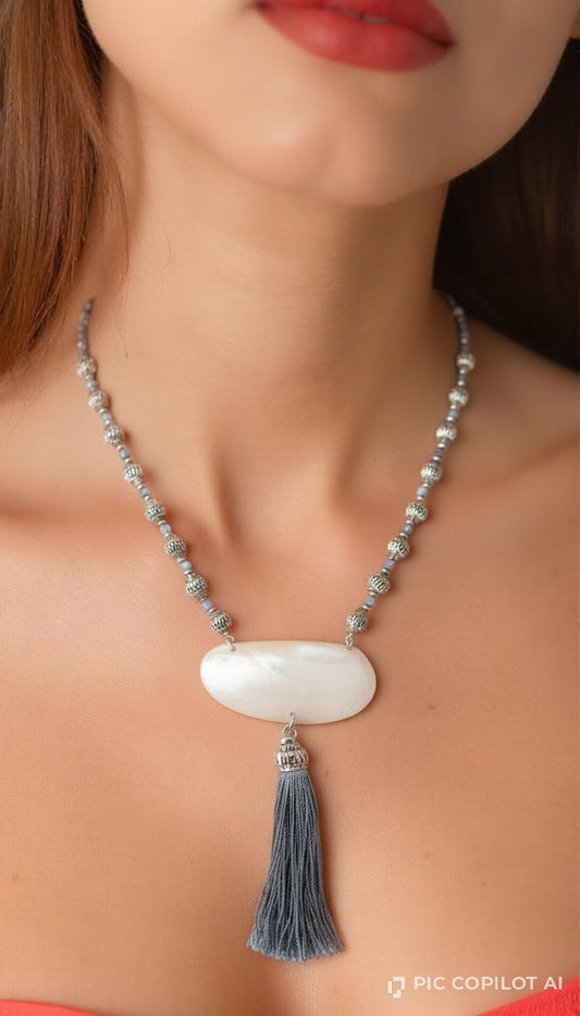 Mother-of-Pearl Statement Necklace with Silver Beads & Tassel