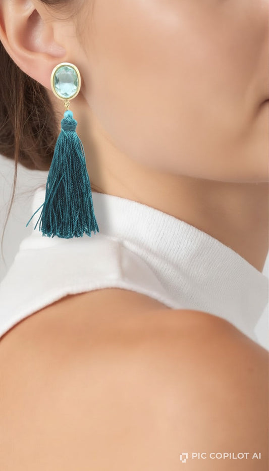 : Aquamarine Crystal & Teal Tassel Statement Earrings