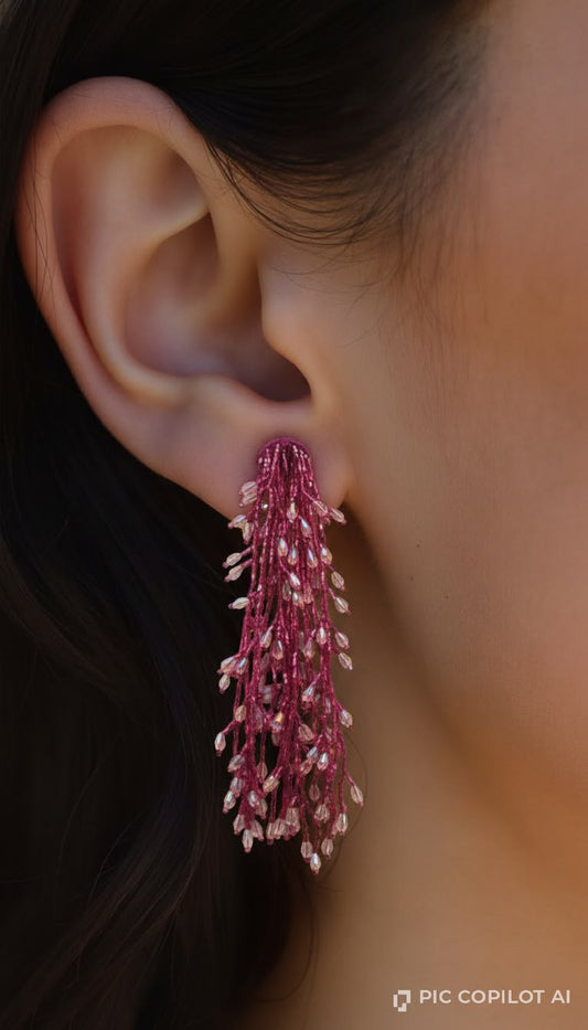 Rose Pink Beaded Cascade Tassel Statement Earrings