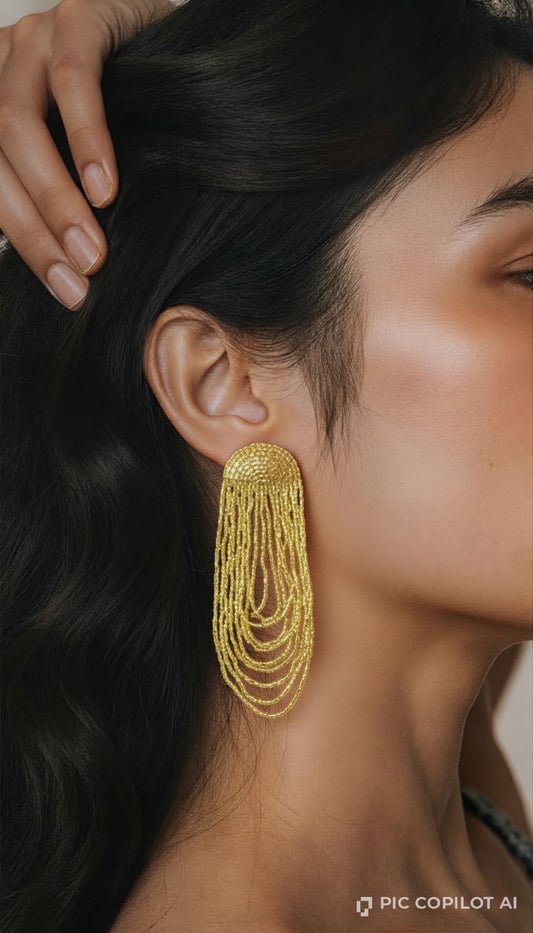 Golden Beaded Multi-Layer Cascade Statement Earrings