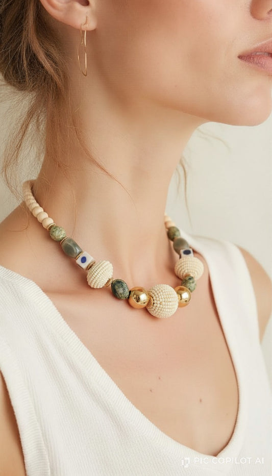 Artisan Green & Ivory Beaded Statement Necklace