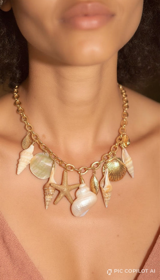 Golden Seashell Charm Statement Necklace – Coastal Shell & Starfish Design