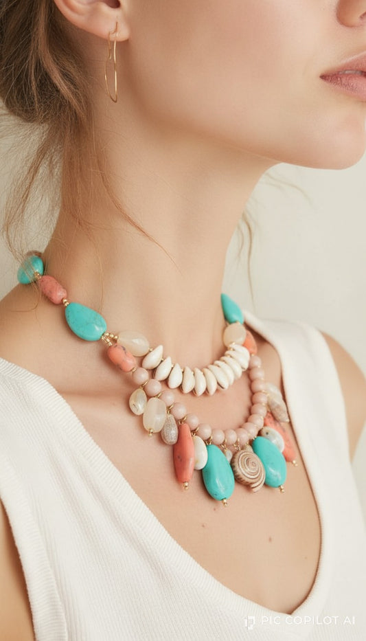 Turquoise & Coral Coastal Charm Multi-Strand Statement Necklace