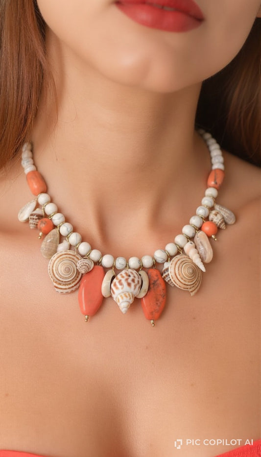 The Oceanic Bliss Handcrafted Sea Shell & Coral-Tone Gemstone Statement Choker