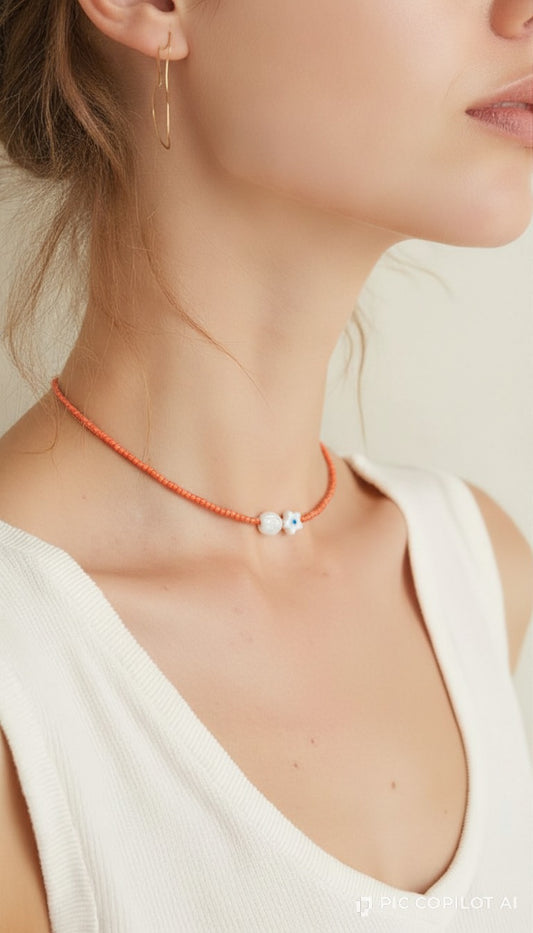 Minimalist Coral Red Seed Bead Necklace with Freshwater Pearl