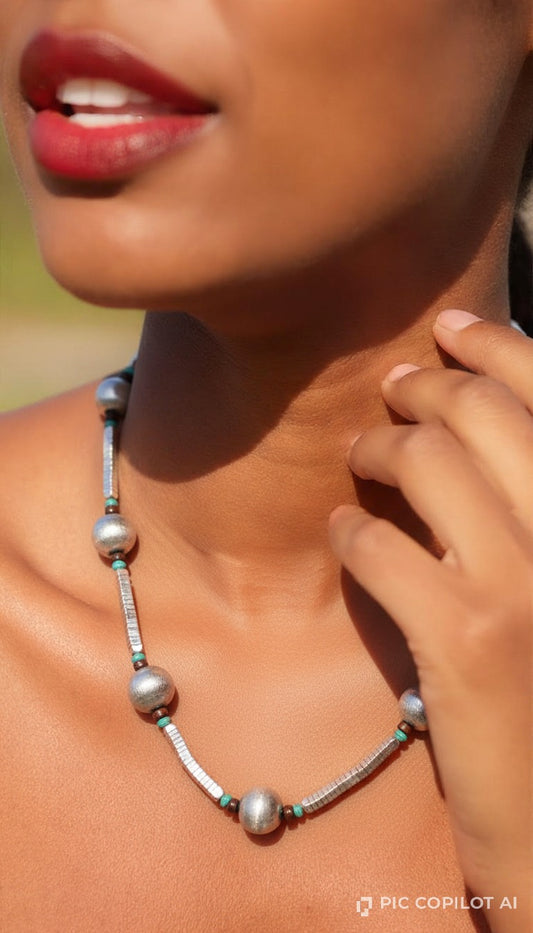 Tribal Chic Brushed Metal & Turquoise Accent Strand Necklace