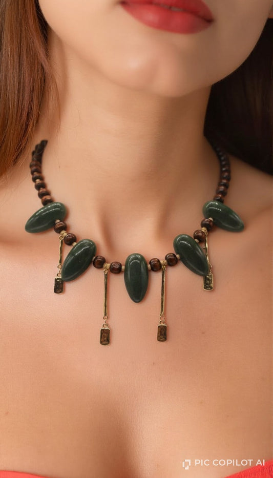 Tribal Earthy Green Cabochon & Textured Gold Bar Necklace