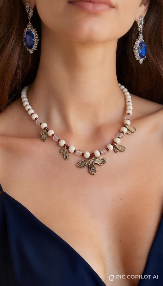 Vintage Bronze Leaf & Cream Bead Charm Necklace