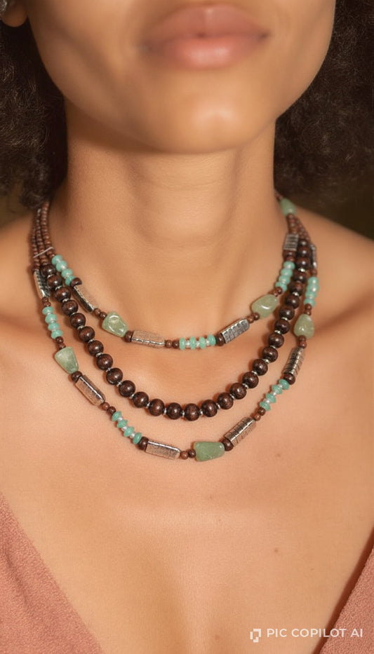 Bohemian Jade & Dark Wooden Bead Multi-Layer Choker