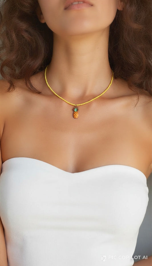 Mini Pineapple Charm Beaded Necklace – Gold-Tone Tropical Pendant Necklace