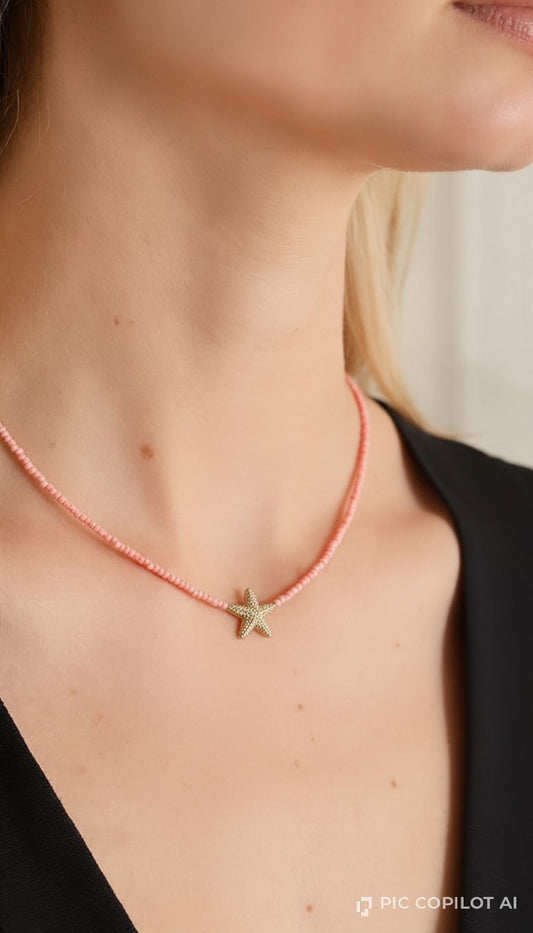 Delicate Pink Beaded Starfish Necklace – Gold-Tone Coastal Statement Jewelry