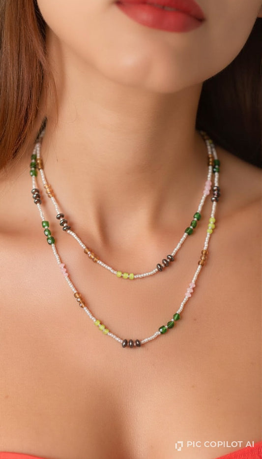 Delicate Handcrafted Multi-Color Glass & Pearl Layered Necklace