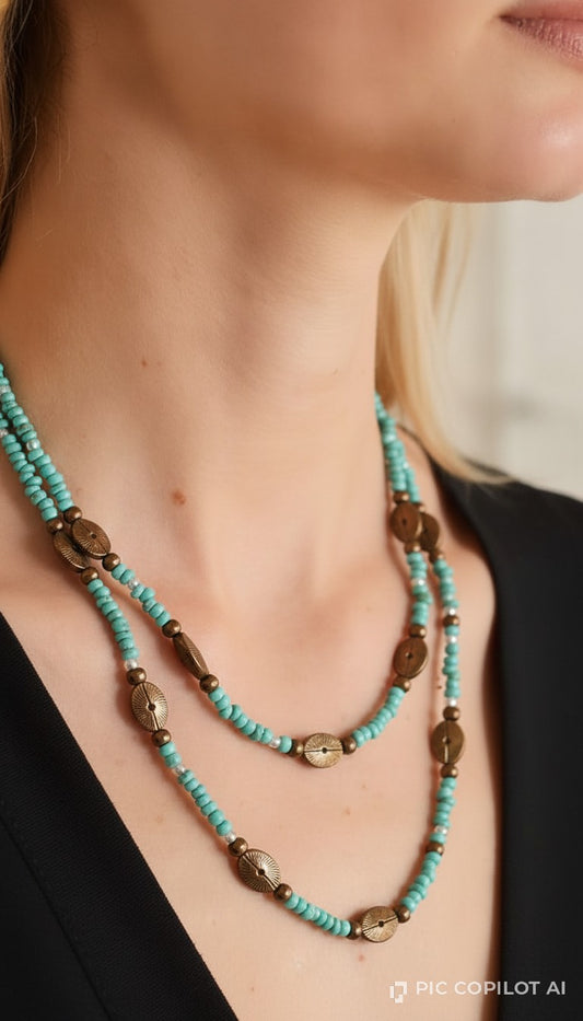 Handcrafted Turquoise Beaded Double-Layer Necklace with Antique Brass Disc Accents