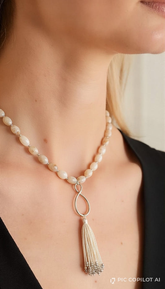 Infinity Charm Cream Stone & Tassel Pendant Necklace