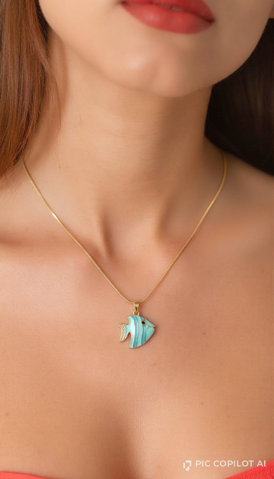 Turquoise Fish Pendant Necklace – Gold-Finish Enamel Ocean-Inspired Jewelry