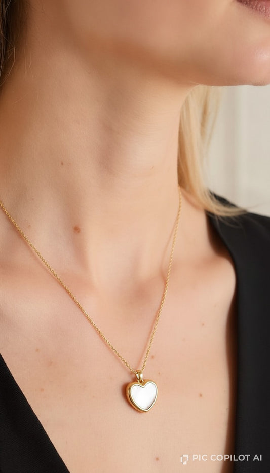 Gold Heart Pendant Necklace with White Mother-of-Pearl Inlay