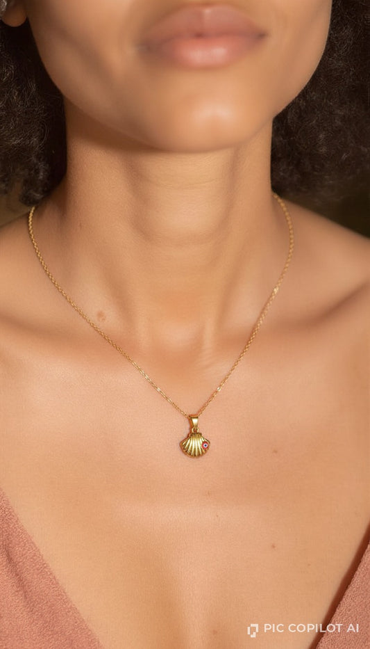 Gold Seashell Pendant Necklace with Red Evil Eye Detail