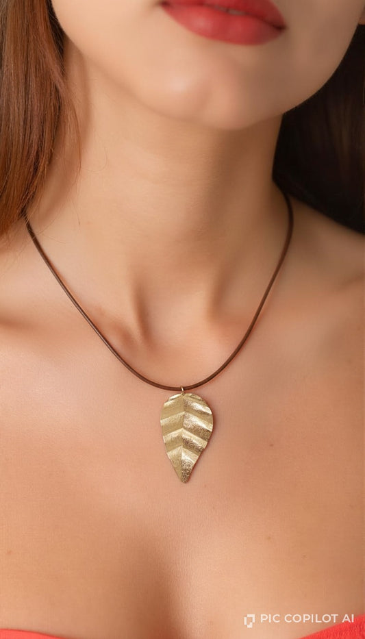 Textured Gold Leaf Pendant Leather Cord Necklace