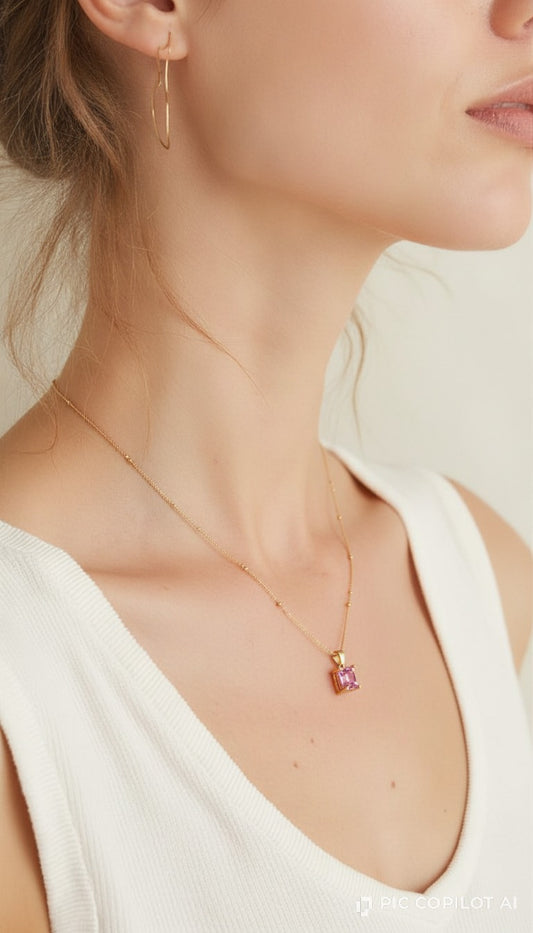 Gold Beaded Satellite Chain Necklace with Emerald-Cut Pink Gemstone Pendant