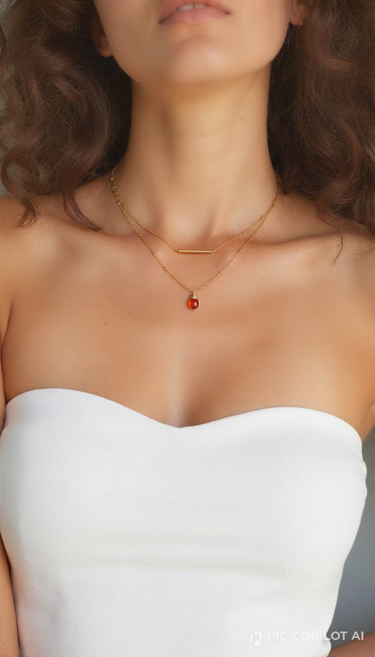 old Minimalist Layered Bar & Burnt-Orange Gemstone Drop Necklace
