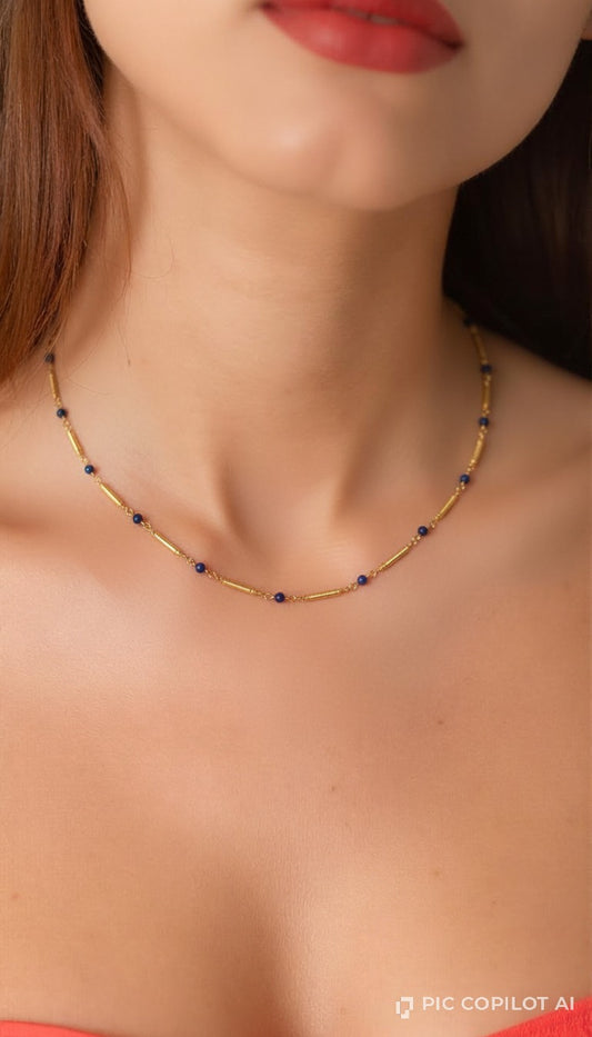 Artisanal Gold Cylinder & Royal Blue Gemstone Station Necklace