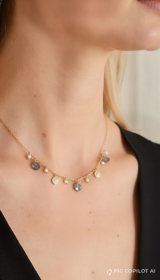 Gold Boho Labradorite & Freshwater Pearl Drop Necklace