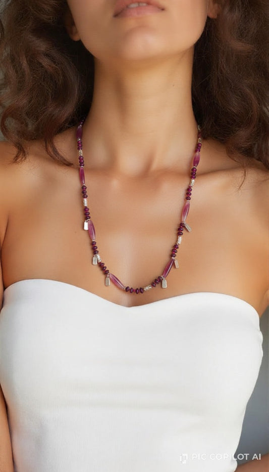Artisanal Magenta Glass & Silver Charm Drop Necklace