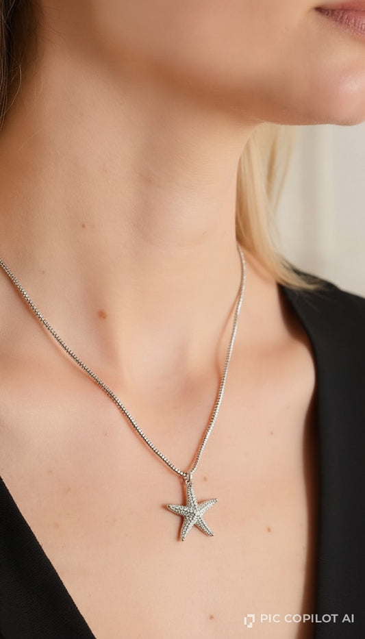 Sterling Silver Pavé Crystal Starfish Pendant Necklace