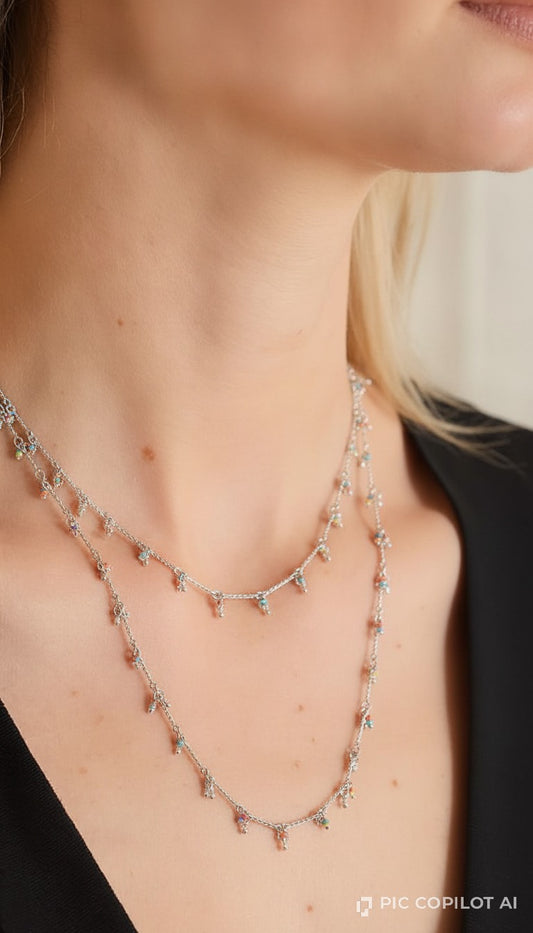 Delicate Silver Multi-Gemstone Dangle Layered Necklace