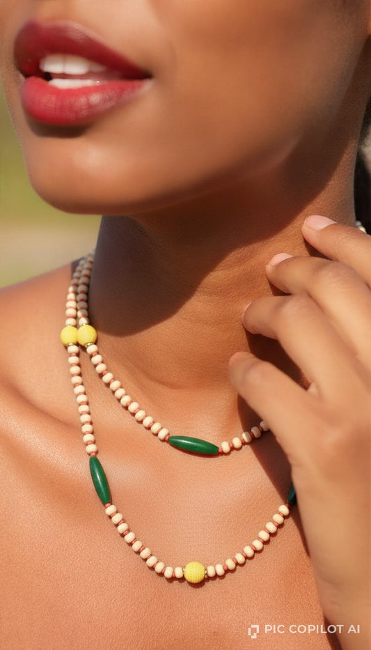 Earthy Chic Yellow & Emerald Oval Bead Layered Necklace