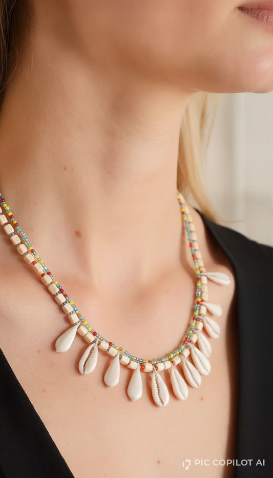Artisanal Ivory Shell & Multi-Color Beaded Collar Necklace