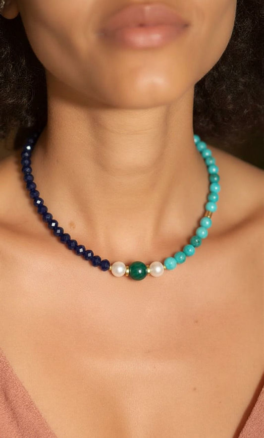 Artisanal Multi-Gemstone Beaded Necklace – Deep Navy Lapis, Vibrant Turquoise-Blue Amazonite, and Lustrous Freshwater Pearls with Gold Accents