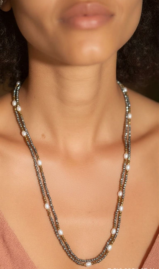 Real Pearl & Metallic Shine Multi-Layer Choker Necklace